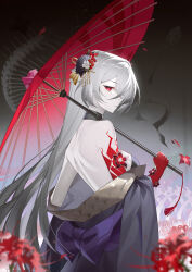 Rule 34 | 1girl, absurdres, acheron (honkai: star rail), alternate costume, armpit crease, back, bare back, bare shoulders, black choker, black kimono, black sash, breasts, bright pupils, choker, colored extremities, commentary, cowboy shot, eyeliner, flower, from behind, from side, grey hair, hair intakes, hair ornament, hair over one eye, highres, holding, holding umbrella, honkai: star rail, honkai (series), hunxuemeilin, japanese clothes, kimono, long hair, looking at viewer, looking back, makeup, medium breasts, official alternate color, oil-paper umbrella, parted lips, profile, red eyeliner, red eyes, red flower, red petals, sash, shoulder blades, sidelocks, solo, spider lily, umbrella, very long hair, white hair, white pupils