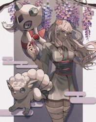 Rule 34 | 1girl, alolan form, alolan vulpix, bandages, branch, cherry blossoms, commentary request, commission, creatures (company), floating, flower, fox, froslass, game freak, gen 4 pokemon, gen 7 pokemon, gradient background, grey background, grey eyes, grey hair, grey pantyhose, hair flower, hair ornament, highres, ice, light smile, long hair, looking at viewer, low-tied sidelocks, multiple tails, nintendo, original, pantyhose, pillarboxed, poke ball, pokemon, pokemon (creature), reo (mmocc123), skeb commission, tail, tossing, white fur