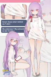 Rule 34 | 1girl, absurdres, alternate costume, alternate hairstyle, alternate language, arm support, atsuko (blue archive), bare legs, barefoot, blue archive, blue hair, blush, blush stickers, bow, cellphone, closed mouth, clothes pull, commentary, english text, feet, glasses, gradient hair, highres, holding, holding phone, long hair, looking at viewer, mixed-language commentary, multicolored hair, multiple views, naked shirt, no halo, oversized clothes, oversized shirt, phone, pulled by self, purple hair, shirt, shirt pull, sitting, smartphone, smile, standing, t-shirt, thigh gap, toes, unli free, very long hair, white shirt, yellow bow, yokozuwari