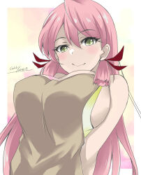 Rule 34 | 1girl, akashi (kancolle), apron, artist name, blunt tresses, blush, breasts, brown apron, closed mouth, dated, gakky, green eyes, hair ribbon, kantai collection, large breasts, long hair, looking at viewer, official alternate costume, one-hour drawing challenge, pink hair, ribbon, sideboob, smile, solo, tress ribbon, upper body