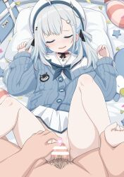 Rule 34 | 1girl, absurdres, bar censor, barefoot, bed, beret, blue hair, censored, clitoral stimulation, closed eyes, hair ornament, hat, highres, medium hair, nijisanji, no shoes, open mouth, outstretched arms, pov, pussy, school uniform, sex, soles, solo, spread arms, spread legs, spread pussy, toes, virtual youtuber, virtuareal, ycyc, yua (virtuareal)