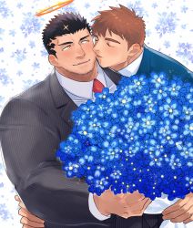 Rule 34 | 2boys, asahi (zabaniyan), bad id, bad twitter id, bara, black hair, black jacket, blue flower, blue jacket, bouquet, brown hair, closed eyes, couple, facial hair, flower, formal, halo, hand on another&#039;s hip, highres, holding, holding bouquet, imminent kiss, jacket, looking at another, male focus, protagonist 4 (housamo), multiple boys, muscular, muscular male, necktie, shirt, short hair, smile, stubble, suit, tokyo houkago summoners, white shirt, yaoi, yellow eyes, zabaniyya (housamo)