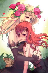 Rule 34 | 1000marie, 2girls, armpits, bare shoulders, blonde hair, blood, bow, detached sleeves, dress, flower, flower on head, hand on another&#039;s head, head wreath, holding, hug, injury, leaf, lowres, multiple girls, nail polish, open mouth, petals, red eyes, red hair, ribbon, rose, rose (sword girls), rose pacifica, short hair, sword girls, vernika answer, wavy hair