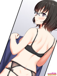 Rule 34 | 1girl, amagamido, back, bare arms, bare shoulders, black bra, black hair, black panties, blanket, blush, bra, breasts, closed mouth, commentary request, dimples of venus, dutch angle, from behind, garter belt, glasses, grey-framed eyewear, highres, holding, jimiko (amagamido), looking at viewer, looking back, medium breasts, original, over-kneehighs, panties, purple eyes, sideboob, skindentation, smile, solo, thighhighs, underwear, underwear only, upper body