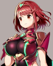 Rule 34 | 1girl, blush, breasts, earrings, hair ornament, highres, jewelry, large breasts, messy (efuya), nintendo, pyra (xenoblade), red eyes, red hair, short hair, simple background, smile, solo, tiara, white background, xenoblade chronicles (series), xenoblade chronicles 2