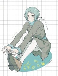 Rule 34 | 1girl, aqua hair, aqua sweater, bakurobingi, black jacket, black skirt, brown footwear, checkered background, closed mouth, dated, full body, grid background, highres, jacket, long sleeves, looking at viewer, outstretched arms, pantyhose, persona, persona 3, shoes, short hair, sitting, skirt, smile, solo, stretching, sweater, turtleneck, turtleneck sweater, white pantyhose, yamagishi fuuka