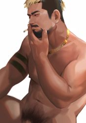 Rule 34 | 1boy, abs, arm tattoo, bara, chain, cigarette, completely nude, facial hair, goatee, gold necklace, highres, long sideburns, looking to the side, male focus, male pubic hair, mature male, muscular, muscular male, mustache, navel, navel hair, necklace, nipples, nude, original, out-of-frame censoring, pectorals, penis, penis peek, powerlesssong, pubic hair, short hair, sideburns, smoking, solo, stomach, stubble, tattoo