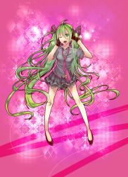 Rule 34 | ahoge, amase (siki696), gloves, green eyes, green hair, hatsune miku, highres, legs, long hair, necktie, one eye closed, skirt, solo, tongue, twintails, very long hair, vocaloid, wink