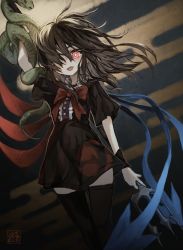 Rule 34 | 1girl, absurdres, arm up, black dress, black hair, black thighhighs, bow, bowtie, bright pupils, dress, fang, floating hair, hair over one eye, head tilt, highres, holding, holding weapon, houjuu nue, long hair, looking at viewer, open mouth, polearm, red bow, red bowtie, red eyes, scyze, short dress, short sleeves, smile, snake, solo, standing, thighhighs, touhou, trident, weapon, wristband