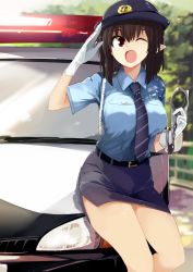 Rule 34 | 1girl, alternate costume, bare legs, belt, black hair, blue necktie, blue skirt, breasts, car, cuffs, day, gloves, hand up, handcuffs, hat, holding, kamukamu (ars), large breasts, miniskirt, motor vehicle, necktie, no wings, one eye closed, open mouth, outdoors, pencil skirt, pointy ears, police, police car, police uniform, policewoman, red eyes, salute, shameimaru aya, short sleeves, skirt, smile, solo, striped necktie, striped neckwear, touhou, uniform, white gloves, wing collar