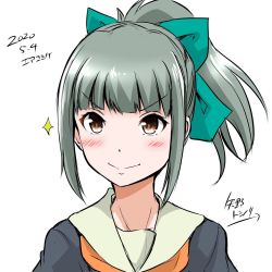Rule 34 | 1girl, artist name, black shirt, blunt bangs, brown eyes, commentary request, dated, grey hair, grey sailor collar, highres, kantai collection, long hair, ponytail, sailor collar, shirt, simple background, solo, upper body, white background, yano toshinori, yuubari (kancolle)