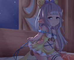 Rule 34 | 1girl, bare shoulders, bed sheet, blue eyes, blunt bangs, blush, bow, bracelet, breasts, child, closed mouth, clothing cutout, collarbone, cream cod, dress, frilled skirt, frills, granblue fantasy, hair bow, highres, indoors, jewelry, lilele (granblue fantasy), long hair, looking at viewer, navel, night, night sky, pillow, pointy ears, silver hair, skirt, sky, sleeveless, small breasts, smile, solo, star (sky), starry sky, stomach cutout, window