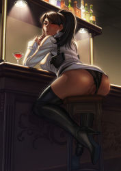 Rule 34 | 1girl, :o, archer (series), ass, bar (place), black hair, black panties, blush, boots, bottle, breast rest, breasts, brown hair, censored, chair, clothes lift, clothing aside, cup, dark-skinned female, dark skin, dated, drinking glass, earrings, elleciel.eud, female focus, finger to mouth, has uncensored version, high heel boots, high heels, holster, hoop earrings, jewelry, lana kane, large breasts, looking back, microskirt, mosaic censoring, one eye closed, panties, panties aside, parted lips, ponytail, pussy, sitting, skirt, skirt lift, solo, stool, thigh boots, thighhighs, underwear, wine bottle, wine glass, wink