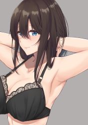Rule 34 | 1girl, absurdres, armpits, black bra, blue eyes, bra, breasts, brown hair, cleavage, fuurin restia, grey background, hair between eyes, hands in hair, highres, lace, lace-trimmed bra, lace trim, large breasts, light smile, looking at viewer, original, solo, strap gap, underwear, underwear only, upper body