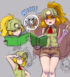 Rule 34 | 1girl, absurdres, ascot, awesomeerix, backpack, bag, bare shoulders, blonde hair, blush, blush stickers, book, breasts, brown shorts, crosshair, fang, gloves, goombella, hard hat, helmet, highres, humanization, index finger raised, long hair, looking at viewer, looking to the side, mario (series), multiple views, nintendo, one eye closed, open book, open mouth, paper mario, paper mario: the thousand year door, paragoomba, ponytail, shirt, short shorts, shorts, sidelocks, sketch, sleeveless, sleeveless shirt, small breasts, smile, thick eyebrows, thighs, v, white gloves