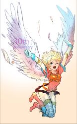 Rule 34 | 1girl, angel wings, armor, blonde hair, boots, breath of fire, breath of fire i, commentary, covered navel, elbow gloves, feathered wings, full body, gloves, green eyes, hairband, highres, knee boots, leotard, nina (breath of fire i), one eye closed, open mouth, red leotard, short hair, simple background, solo, thighhighs, white wings, wings, yoshikawa tatsuya