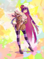 Rule 34 | 10s, 1girl, bad id, bra, breasts, cleavage, colored inner hair, legs, lingerie, multicolored hair, panty &amp; stocking with garterbelt, pantyhose, pomodorosa, purple pantyhose, solo, stocking (psg), striped clothes, striped pantyhose, two-tone hair, underwear, wings