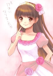 Rule 34 | 1girl, animification, bad id, bad pixiv id, brown hair, crown, dress, flower, frills, hair flower, hair ornament, horie yui, long hair, nekota chihiro, real life, real life insert, solo, voice actor