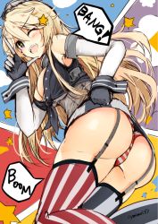 Rule 34 | 10s, 1girl, american flag panties, american flag print, ass, bad id, bad twitter id, blonde hair, breasts, cleavage, clothes lift, detached sleeves, english text, finger gun, garter straps, gloves, hands on own hips, iowa (kancolle), kantai collection, long hair, looking at viewer, minari (minari37), miniskirt, one eye closed, print panties, skirt, skirt lift, solo, sound effects, star (symbol), thighhighs