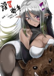 Rule 34 | 1girl, 2019, animal, bare shoulders, black gloves, boar, breasts, chinese zodiac, cleavage, covered collarbone, dark-skinned female, dark elf, dark skin, dated, elf, facial mark, gloves, gradient hair, green eyes, green hair, grey pantyhose, hair between eyes, hand up, heterochromia, highres, large breasts, leotard, light particles, mi mi ham, multicolored hair, new year, open mouth, original, pantyhose, pink eyes, pointy ears, silver hair, solo, straight hair, two-tone hair, white leotard, year of the pig