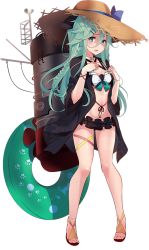Rule 34 | 1girl, anklet, armlet, bikini, black ribbon, blue ribbon, breasts, cleavage, full body, green eyes, green hair, hair between eyes, hair flaps, hair ornament, hair ribbon, hairclip, hat, innertube, jewelry, kantai collection, kujou ichiso, long hair, machinery, navel, official art, open clothes, open robe, parted bangs, ponytail, ribbon, robe, sidelocks, solo, straw hat, swim ring, swimsuit, third-party source, transparent background, yamakaze (kancolle), yamakaze kai ni (kancolle)