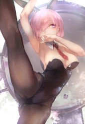 Rule 34 | 1girl, absurdres, animal ears, armpits, bare shoulders, black leotard, black pantyhose, blush, breasts, cleavage, commission, detached collar, fake animal ears, fate/grand order, fate (series), hair over one eye, highleg, highleg leotard, highres, huge filesize, large breasts, leg lift, leg up, leotard, light purple hair, mash kyrielight, necktie, pantyhose, pixiv commission, playboy bunny, purple eyes, rabbit ears, revision, saitogiulio, shield, short hair, split, standing, standing on one leg, standing split, thighs, wrist cuffs