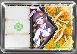 Rule 34 | 1girl, alternate costume, animal ears, bento, blue archive, blush, bow, bowtie, breasts, chaki (teasets), chicken (food), clover, egg, fake animal ears, food, four-leaf clover, fried chicken, fruit, full body, highres, in container, in food, leaf, leaf on head, lemon, lemon slice, leotard, looking at viewer, lying, mini person, minigirl, miyu (blue archive), on back, open mouth, pantyhose, playboy bunny, rabbit ears, rabbit tail, rice, small breasts, solo, tail, tears