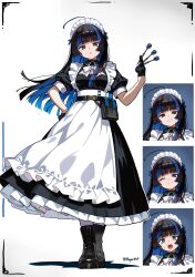 1girl absurdres ahoge black_boots black_gloves black_hair blue_eyes blue_hair blunt_bangs boots breasts colored_inner_hair commentary dart disgust dress english_commentary full_body gloves hand_on_own_hip hepari highres hime_cut holding_dart long_dress looking_at_viewer maid maid_headdress multicolored_hair multiple_views one_eye_closed original pantyhose parted_lips puffy_sleeves short_sleeves simple_background small_breasts smile solo straight_hair surprised twitter_username two-tone_hair white_background white_pantyhose wind