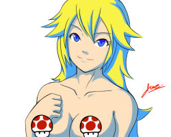 Rule 34 | 1girl, blonde hair, blue eyes, breasts, censored, female focus, image sample, looking at viewer, mario (series), nintendo, censored nipples, novelty censor, pixiv sample, princess peach, resized, smile, solo, super mario bros. 1, white background, x85219960