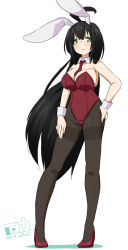 1girl animal_ears black_hair breasts cleavage detached_collar fake_animal_ears female_focus green_eyes high_heels highres inaka_keikou large_breasts leotard long_hair necktie original pantyhose playboy_bunny rabbit_ears sho_yayoi shoes solo thighband_pantyhose wrist_cuffs