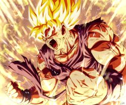 Rule 34 | 1boy, angry, aura, bad id, bad pixiv id, bare arms, bare shoulders, biceps, blonde hair, clenched hands, collarbone, derivative work, dougi, dragon ball, dragonball z, fighting stance, foreshortening, frown, furious, glowing, glowing hair, looking to the side, male focus, mature male, muscular, muscular male, open mouth, pectoral cleavage, pectorals, sekitsuki hayato, shirt, short hair, sleeveless, solo, son goku, spiked hair, super saiyan, super saiyan 1, torn clothes, torn shirt, upper body, veins
