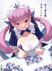 1girl @_@ anchor_symbol blue_bow blue_bowtie blue_dress blue_hair blue_nails blue_ribbon blush bow bowtie breasts cleavage colored_inner_hair commentary_request dress drill_hair flying_sweatdrops hair_ribbon highres holding holding_pen hololive large_breasts long_hair maid maid_headdress minato_aqua minato_aqua_(1st_costume) mr.canaryy multicolored_hair open_mouth pen pink_hair puffy_short_sleeves puffy_sleeves purple_eyes ribbon short_sleeves simple_background solo streaked_hair translation_request twin_drills twintails two-tone_hair virtual_youtuber white_background white_wrist_cuffs wrist_cuffs