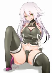 Rule 34 | 1girl, alternate breast size, alternate hair length, alternate hairstyle, bandaged arm, bandages, black panties, black thighhighs, boots, breasts, cleavage, cleavage cutout, clothing cutout, commentary request, facial scar, fate/grand order, fate (series), gloves, green eyes, high heels, jack the ripper (fate/apocrypha), kasagland, large breasts, licking lips, long hair, looking at viewer, navel, aged up, panties, scar, scar across eye, scar on cheek, scar on face, shadow, shirt, shoulder tattoo, sideboob, signature, silver hair, single glove, sitting, sleeveless, sleeveless shirt, solo, tattoo, thigh boots, thighhighs, tongue, tongue out, underwear, white background