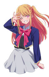 Rule 34 | 1girl, absurdres, arm up, black vest, blonde hair, blue jacket, blush, bow, bowtie, clenched teeth, collared shirt, commentary, cropped jacket, cropped legs, grey skirt, hair between eyes, highres, hoshino ruby, jacket, long hair, long sleeves, looking at viewer, one eye closed, one side up, oshi no ko, pink bow, pink bowtie, pink eyes, school uniform, shirt, sidelocks, simple background, skirt, smile, solo, star-shaped pupils, star (symbol), swept bangs, symbol-shaped pupils, teeth, tsmkn26, vest, waving, white background, white shirt, youtou high school uniform