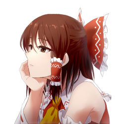 Rule 34 | 1girl, arm support, ascot, bow, brown eyes, brown hair, detached sleeves, dress, hair bow, hair tubes, hakurei reimu, looking away, nathaniel pennel, pennel, red dress, simple background, solo, touhou, upper body, white background