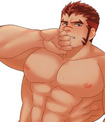 Rule 34 | 1boy, abs, akashi (live a hero), bad id, bad pixiv id, bara, blush, covering own mouth, facial hair, goatee, hand over own mouth, large pectorals, live a hero, long sideburns, male focus, muscular, muscular male, nipples, nude, oskn tengoku, pectorals, red eyes, red hair, scar, scar on face, scar on nose, short hair, sideburns, solo, sweat, thick eyebrows, upper body