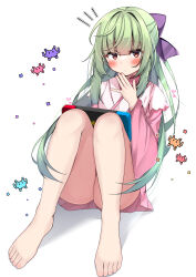 Rule 34 | 1girl, absurdres, bare legs, barefoot, blunt bangs, blush, bow, brand name imitation, closed mouth, commentary, expressionless, eyes visible through hair, feet, fingernails, full body, green hair, hair bow, half updo, hand up, handheld game console, heart, highres, holding, holding handheld game console, japanese clothes, kimono, knees together feet apart, knees up, legs, long hair, long sleeves, looking at viewer, murasame (senren), nintendo switch, notice lines, pink kimono, pixels, playing games, purple bow, red eyes, senren banka, short kimono, simple background, sitting, solo, thighs, toenails, toes, very long hair, white background, white kimono, wide sleeves, yosh1na, yuzu-soft