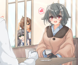Rule 34 | 1boy, 3girls, admiral (kancolle), black hair, blush, breasts, brown coat, coat, commentary request, cup, fur-trimmed coat, fur trim, hair flaps, hair ornament, hairclip, heart, highres, i-401 (kancolle), i-47 (kancolle), jingei (kancolle), kantai collection, kasashi (kasasi008), long hair, low ponytail, medium breasts, multiple girls, official alternate costume, open mouth, red eyes, saucer, smile, solo focus, spoken heart, table, teacup, upper body, window