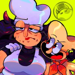 Rule 34 | 2girls, artist logo, bekkorw, black hair, chef hat, genderswap, genderswap (mtf), gloves, hat, highres, multiple girls, neckerchief, open mouth, peppino spaghetti, pizza tower, raised eyebrow, red lips, red neckerchief, shirt, short hair, short sleeves, short twintails, single tooth, smile, sweat, the noise, twintails, vest, white gloves, white vest, yellow background