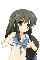 Rule 34 | 00s, 1girl, ayastyle, bare shoulders, bikini, blush, breast padding, breasts, brown eyes, clannad, flat chest, ibuki fuuko, ixy, long hair, looking at viewer, navel, simple background, solo, starfish, swimsuit, wardrobe error, you&#039;re doing it wrong
