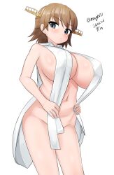 Rule 34 | 1girl, absurdres, alternate costume, bare shoulders, blush, breasts, brown hair, cleavage, closed mouth, collared shirt, commentary request, dated, feet out of frame, grey eyes, headgear, hiei (kancolle), highres, kantai collection, large breasts, looking at viewer, maru (marg0613), navel, one-hour drawing challenge, shirt, short hair, simple background, solo, twitter username, white background, white shirt
