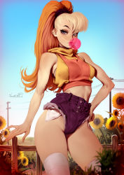 Rule 34 | 1girl, aleriia v, artist name, bare arms, bare shoulders, blonde hair, blue eyes, blue shorts, blue sky, breasts, blowing bubbles, chewing gum, flower, grass, high-waist shorts, highres, humanization, lips, lola bunny, looking at viewer, looney tunes, multicolored hair, orange hair, outdoors, parted lips, pinup (style), ponytail, short shorts, shorts, sky, solo, standing, sunflower, tank top, thighhighs, white thighhighs