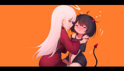 Rule 34 | 2girls, ahoge, annoyed, between legs, black hair, black shirt, blue eyes, blush, demon girl, demon horns, demon tail, closed eyes, facing another, fang, fang out, halo, hand between legs, highres, horns, letterboxed, long hair, looking at another, multiple girls, off-shoulder shirt, off shoulder, orange background, original, profile, shimmer, shirt, short hair, sleepy, tail, tail wagging, white hair, wide sleeves
