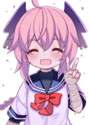 Rule 34 | 10s, 1girl, :d, ^ ^, ahoge, bandaged arm, bandaged hand, bandages, black shirt, blush, bow, braid, closed eyes, collarbone, d omm, closed eyes, hair between eyes, hair ornament, kantai collection, long hair, nenohi (kancolle), open mouth, pink hair, red bow, sailor collar, shirt, short sleeves, smile, solo, triangle, upper body, v, white background, white shirt