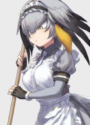 Rule 34 | 10s, 1girl, adapted costume, alternate costume, apron, black gloves, blouse, collared shirt, enmaided, expressionless, fingerless gloves, frilled hairband, frills, gloves, green eyes, grey background, grey hair, grey shirt, guchico, hair between eyes, hairband, head wings, kemono friends, low ponytail, maid, necktie, orange hair, puffy short sleeves, puffy sleeves, shirt, shoebill (kemono friends), short sleeves, side ponytail, simple background, solo, unfinished, waist apron, wings