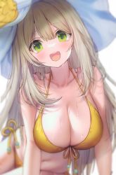 Rule 34 | 1girl, :d, bad id, bad twitter id, bikini, blue archive, blush, bracelet, breasts, cleavage, collarbone, flower, front-tie bikini top, front-tie top, green eyes, halo, hanato (seonoaiko), hat, hat flower, hat ribbon, jewelry, large breasts, light brown hair, long hair, looking at viewer, navel, nonomi (blue archive), nonomi (swimsuit) (blue archive), official alternate costume, open mouth, ribbon, shiny skin, side-tie bikini bottom, smile, solo, sun hat, swept bangs, swimsuit, thighs, white background, white hat, yellow bikini