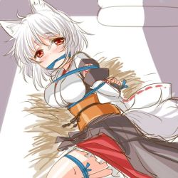 Rule 34 | 1girl, albino, animal ears, bdsm, blush, bondage, bound, bow, colorized, covering own mouth, detached sleeves, inubashiri momiji, japanese clothes, kei kei, long sleeves, looking at viewer, lying, obi, on side, red eyes, sash, shirt, short hair, sketch, skirt, solo, sweat, tail, touhou, white hair, wide sleeves, wolf ears, wolf tail