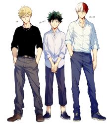 Rule 34 | &gt;:(, 10s, 3boys, aqua eyes, bakugou katsuki, black shirt, blonde hair, blue pants, boku no hero academia, closed mouth, commentary request, dress shirt, frown, green eyes, green hair, grey eyes, hand in pocket, hands in pockets, hegi, height chart, heterochromia, jewelry, looking at viewer, male focus, midoriya izuku, multicolored hair, multiple boys, necklace, pants, parted lips, pointy hair, red eyes, red hair, shirt, shoes, simple background, smile, standing, todoroki shouto, two-tone hair, v-shaped eyebrows, v arms, white background, white hair