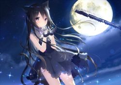 Rule 34 | 1girl, animal ear fluff, animal ears, black dress, black gloves, black hair, blush, cat ears, cat girl, cat tail, closed mouth, cloud, commentary request, dress, dutch angle, frilled dress, frills, full moon, gloves, grey eyes, hair between eyes, hands up, long hair, looking at viewer, moon, night, night sky, original, outdoors, shiratama (shiratamaco), sky, sleeveless, sleeveless dress, solo, standing, tail, train, very long hair