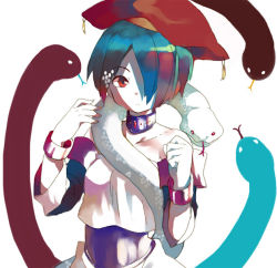 Rule 34 | 1girl, animal, animal on shoulder, bare shoulders, blue hair, clenched hand, collar, crop top, crop top overhang, detached sleeves, gem, hair over one eye, hat, looking away, looking to the side, original, red eyes, red hat, shatiko, silhouette, simple background, snake, solo, tassel, upper body, white background, wrist cuffs